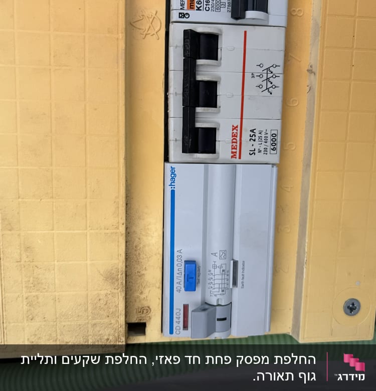 מפסק חשמלי עם כיתוב טכני על לוח חשמל